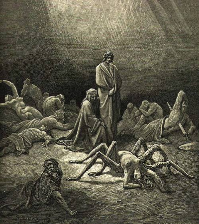 Aracne in un'incisione di Gustave Doré per il dodicesimo canto (c. XII) del Purgatorio